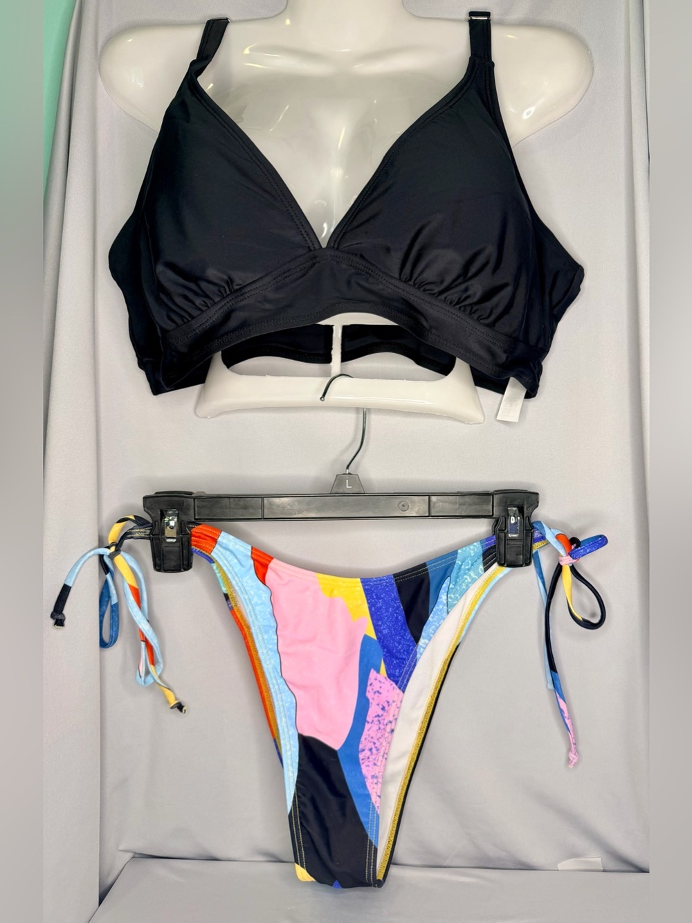 Black Bikini Top with Colorful Abstract Tie-Side Bottoms, size XL